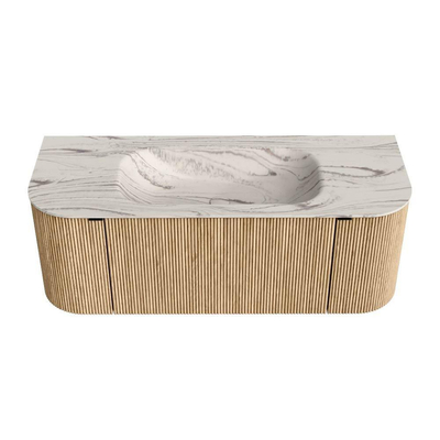 MONDIAZ KURVE-DLUX 120cm badmeubel ronding Links + Rechts kleur Oak met 1 lade en 2 deuren. Wastafel BIG SMALL Midden zonder kraangat Nata.