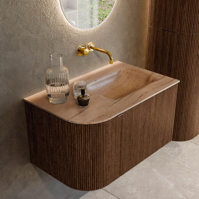 MONDIAZ KURVE-DLUX meuble de salle de bains 75 cm courbure Gauche couleur noyer avec 1 tiroir et 1 porte. Lavabo GRUNNE Droit sans trou de robinet Saba.