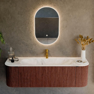 Mondiaz KURVE-DLUX Badkamermeubelset - 150x46x40cm - 1 lade - 2 deuren - wastafel solid surface - midden - 1 kraangat - Ruby