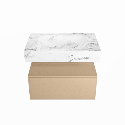 Mondiaz ALAN-DLUX Ensemble de meuble - 70cm - meuble Oro mat - 1 tiroir - Lavabo Cloud Glace suspendu - vasque Centre - 0 trous de robinet