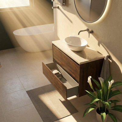 Saniclass Holz Pure Ensemble meuble de salle de bains - 100x45x63cm - Plan de travail en pierre naturelle travertin - sans trou de robinet - 2 tiroirs - chêne charcoal mat (bois)