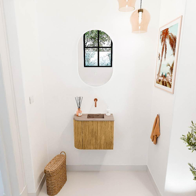 Mondiaz JOYA-DLUX Meuble de toilette 51,6cm - arrondi gauche couleur Chêne - Lavabo FAYE position Droite Sans trou de robinet couleur Arena.