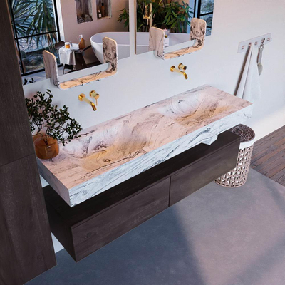 Mondiaz ALAN-DLUX Badkamermeubelset - 150x46cm - 2 lade - vrijhangende wastafel - zonder kraangaten - 2 dubbel - Dark brown (eiken donker)