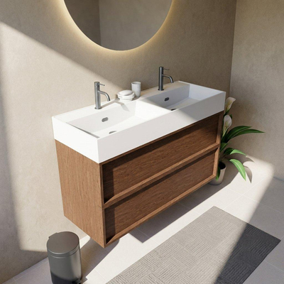 Saniclass Holz Frame Ensemble de meubles de salle de bains - 120x45x72cm - Legend lavabo en céramique blanc mat - 2 vasques - 2 trous de robinet - 2 tiroirs - walnut pure mat (bois)