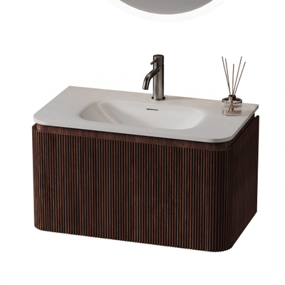 Royal Plaza Terra Edge Ensemble meuble de salle de bains - 80x44.7x46cm - vasque en solid surface blanc mat - 1 vasque - 1 trou de robinet - 2 tiroirs - châtaignier (noyer)