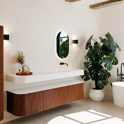 MONDIAZ THOR Meuble de salle de bains 190cm arrondi gauche + droite couleur Ruby avec 2 tiroirs et 2 portes. Vasque suspendue CLOUD Droite sans trou de robinet couleur Talc.