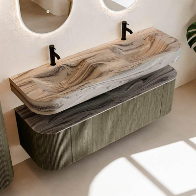 MONDIAZ THOR-DLUX 150cm meuble de salle de bains arrondi gauche + droite couleur Shadow avec 1 tiroir et 2 portes. Vasque suspendue CLOUD Double 2 trous de robinet couleur Sombra.