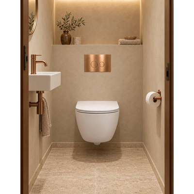 QeramiQ Dely Swirl Compact Toiletset - inbouwreservoir QeramiQ flush - slim zitting - metalen bedieningsplaat koper - ronde knoppen - glans wit