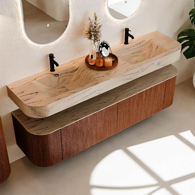 MONDIAZ THOR-DLUX 180cm meuble de salle de bains arrondi gauche + droite couleur Ruby avec 2 tiroirs et 2 portes. Vasque suspendue CLOUD Double 2 trous de robinet couleur Arena.