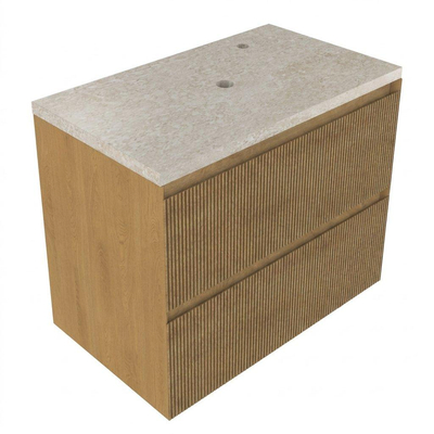 Saniclass Holz Atelier Ensemble de meubles de salle de bains - 80x45x63cm - plan de travail en pierre naturelle travertin - 1 trou de robinetterie - 2 tiroirs - chêne natural mat (bois)