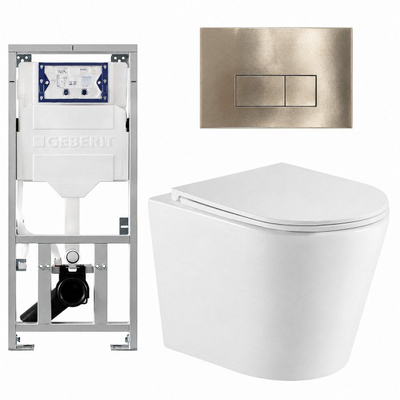 QeramiQ Dely Pack WC - 36.3x51.7cm - à fond creux - sans bride - réservoir encastré Geberit UP320 - abattant WC à fermeture douce - plaque de déclenchement en laiton brossé - boutons rectangulaires - blanc brillant