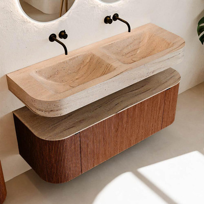 MONDIAZ THOR-DLUX 130cm meuble de salle de bains arrondi gauche + droite couleur Ruby avec 1 tiroir et 2 portes. Vasque suspendue CLOUD Double sans trou de robinet couleur Saba.