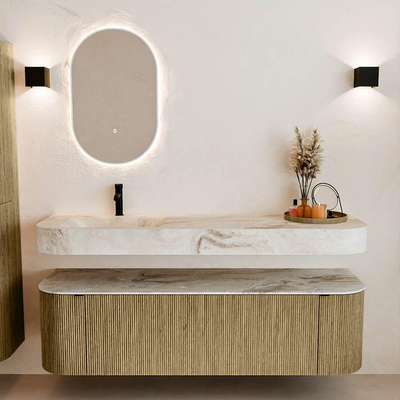 MONDIAZ THOR-DLUX Meuble de salle de bains 160cm arrondi gauche + droite couleur Dusk avec 1 tiroir et 2 portes. Vasque suspendue CLOUD Gauche 1 trou de robinet couleur Frappe.