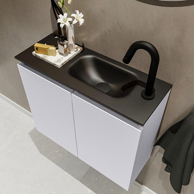 MONDIAZ TURE Toiletmeubel 60x23x50cm met 1 kraangaten 2 deuren cale mat Wastafel Eden rechts Solid Surface Zwart