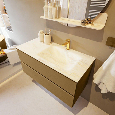 Mondiaz VICA-DLUX Ensemble de meuble de salle de bain - 100cm - meuble sous-vasque oro - 2 tiroirs - lavabo encastré cloud droite - 1 trou de robinet - version haute de 60cm - ostra