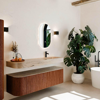 MONDIAZ THOR-DLUX 160cm meuble de salle de bains arrondi gauche + droite couleur Ruby avec 1 tiroir et 2 portes. Vasque suspendue CLOUD Droite 1 trou de robinet couleur Arena.