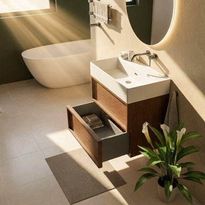Saniclass Holz Frame Ensemble de meubles de salle de bains - 80x45x72cm - Legend lavabo en céramique blanc mat - 1 vasque - sans trou de robinet - 2 tiroirs - noyer pure mat (bois)