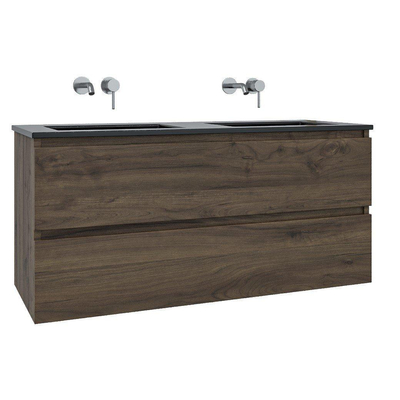 Saniclass Chaci Ensemble meuble de salle de bains - 120x46x55cm - lavabo céramique noir - 2 vasques - sans trous de robinetterie - 2 tiroirs - armoire de toilette - noyer (bois)