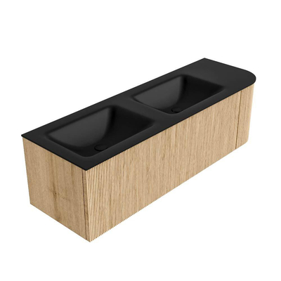 MONDIAZ KURVE 145cm Meuble salle de bain avec module 25 D - couleur Oak - 1 tiroir - 1 porte - vasque CLOUD double / gauche - sans trous de robinet - Urban