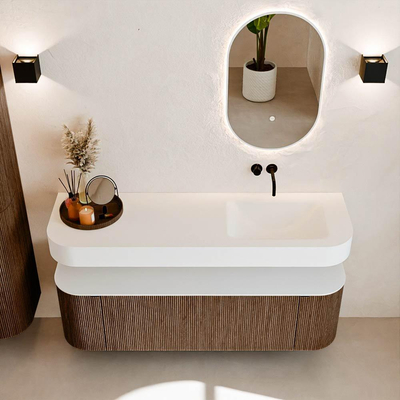 MONDIAZ THOR 150cm meuble de salle de bains arrondi gauche + droite couleur Walnut avec 1 tiroir et 2 portes. Vasque suspendue CLOUD Droite sans trou de robinet couleur Talc.