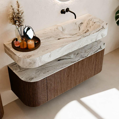 MONDIAZ THOR-DLUX 130cm meuble de salle de bains arrondi gauche + droite couleur Walnut avec 1 tiroir et 2 portes. Vasque suspendue CLOUD Droite sans trou de robinet couleur Glace.