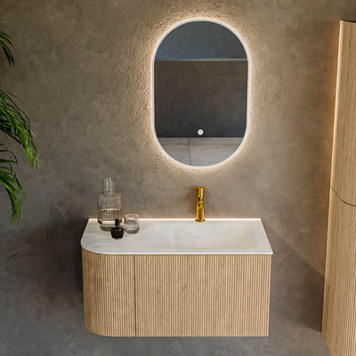 MONDIAZ KURVE-DLUX 85cm Meuble salle de bain avec module 25 G - couleur Oak - 1 tiroir - 1 porte - vasque CLOUD droite - 1 trou de robinet - couleur Opalo