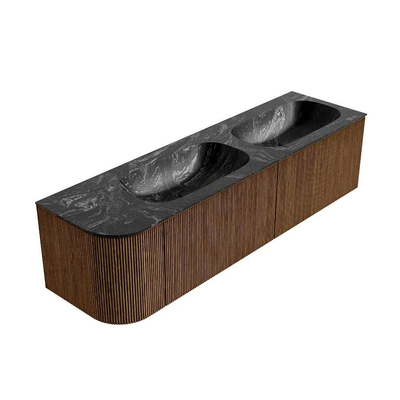 MONDIAZ KURVE-DLUX 165cm Meuble salle de bain avec module 25 G - couleur Walnut - 2 tiroirs - 1 porte - vasque STOR SMALL double / droite - sans trou de robinet - couleur Lava