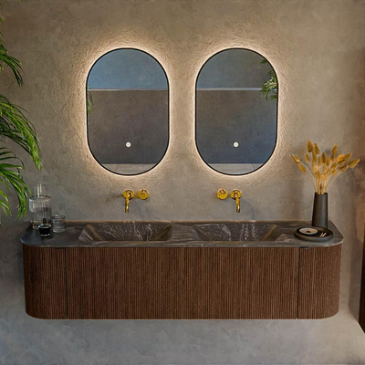 MONDIAZ KURVE-DLUX 170cm Meuble salle de bain avec module 25 G et D - couleur Walnut - 1 tiroir - 2 portes - vasque LEAF double - sans trou de robinet - couleur Lava