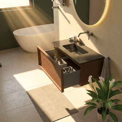 Saniclass Holz Frame Ensemble de meubles de salle de bains - 100x45x42cm - lavabo Vygo en céramique noir - 1 vasque - sans trou de robinetterie - 1 tiroir - noyer pure mat (bois)