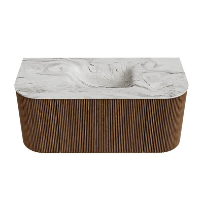 MONDIAZ KURVE-DLUX 100cm Meuble salle de bain avec module 25 G et D - couleur Walnut - 1 tiroir - 2 portes - vasque GRUNNE centre - 1 trou de robinet - couleur Glace