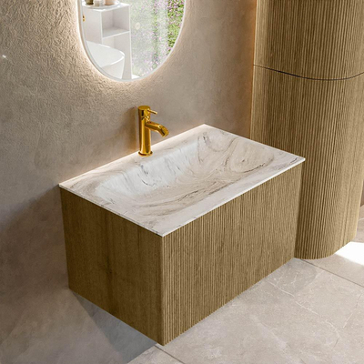 Mondiaz KURVE-DLUX Badkamermeubelset - 70x46x40cm - 1 lade - wastafel solid surface - midden - 1 kraangat - Dusk