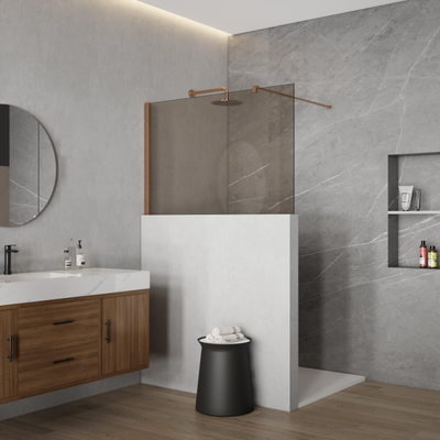 Fortifura Galeria Paroi de douche à l’italienne mi-haute - 120x80cm - verre fumé - 8mm - nano - avec profilé et barre de stabilisation - Laiton brossé PVD (Cuivre)