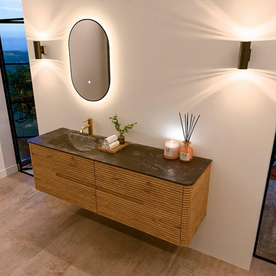 Mondiaz CIRO-DLUX Meuble de salle de bains - 160x45x50cm - Plan vasque solid surface Lava - 1 lavabo à gauche - 1 trou de robinet - 4 tiroirs - Chêne