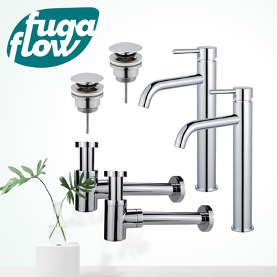 FugaFlow Eccelente Sobrado Badkamer Wastafelkraanset - voor dubbele wastafel - verhoogde wastafelkraan - klikwaste plug - verlaagde design sifon - Chroom