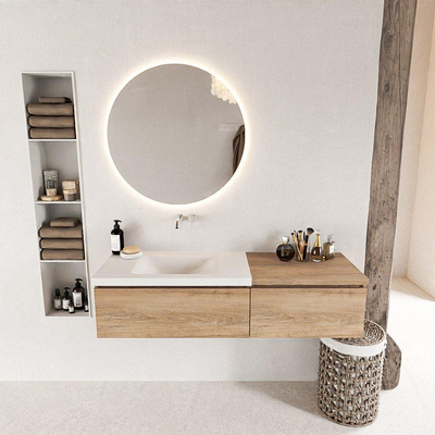 MONDIAZ BUKLA Meuble de salle de bains 140cm avec module 60 couleur Chêne lavé avec 2 tiroirs. Lavabo CLOUD gauche 0 trou de robinet couleur Talc.