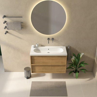 Saniclass Holz Frame Ensemble de meubles de salle de bains - 100x45x63.5cm - lavabo en céramique Palermo blanc - 1 vasque - sans trou de robinetterie - 2 tiroirs - chêne natural mat (bois)