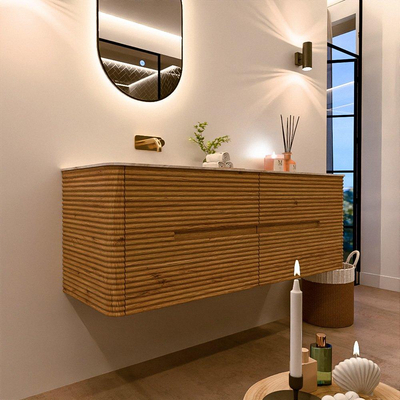 Mondiaz CIRO-DLUX Badkamermeubelset - 140x45x50cm - Solid surface wastafel Frappe - 1 wasbak Links - zonder kraangaten - 4 lades - Oak
