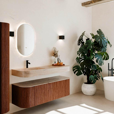 MONDIAZ THOR-DLUX 140cm meuble de salle de bains arrondi gauche + droite couleur Ruby avec 1 tiroir et 2 portes. Vasque suspendue CLOUD Gauche 1 trou de robinet couleur Saba.