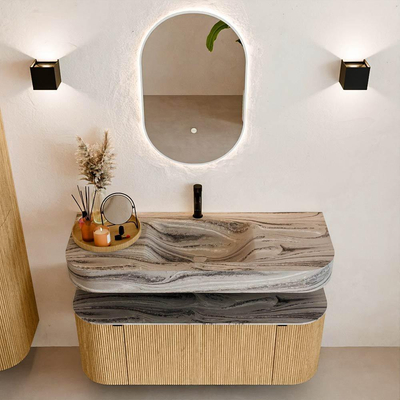MONDIAZ THOR-DLUX 120cm meuble de salle de bains arrondi gauche + droite couleur Oak avec 1 tiroir et 2 portes. Vasque suspendue CLOUD Milieu 1 trou de robinet couleur Sombra.