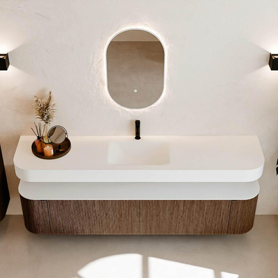 MONDIAZ THOR 200cm meuble de salle de bains arrondi gauche + droite couleur Walnut avec 2 tiroirs et 2 portes. Vasque suspendue CLOUD Milieu 1 trou de robinet couleur Talc.