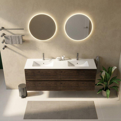Saniclass Holz Pure Ensemble meuble de salle de bains - 160x45x62cm - lavabo Vygo en céramique blanc - 2 vasques - 2 trous de robinetterie - 4 tiroirs - chêne charcoal mat (bois)