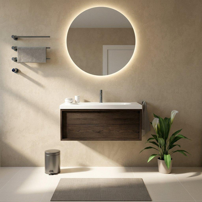 Saniclass Holz Frame Ensemble meuble de salle de bains - 100x45x43.5cm - Palermo lavabo en céramique blanc - 1 vasque - 1 trou de robinetterie - 1 tiroir - chêne charcoal mat (bois)