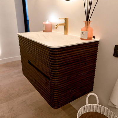 Mondiaz CIRO-DLUX Badkamermeubelset - 80x45x50cm - Solid surface wastafel Opalo - 1 wasbak Midden - 1 kraangat - 2 lades - Walnut