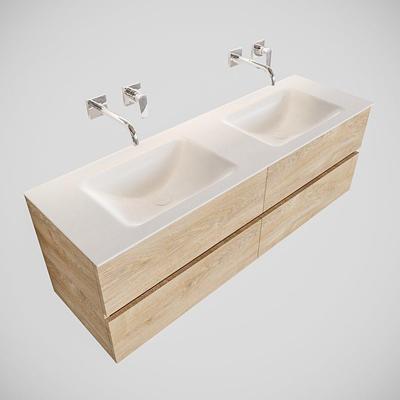 MONDIAZ VICA Ensemble de meuble salle de bain - 150cm - 4 tiroirs - lavabo Cloud double - 0 trous de robinet - solid surface chêne blanchi
