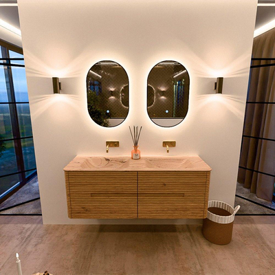 Mondiaz CIRO-DLUX Ensemble de meubles de salle de bains - 140x45x50cm - Plan vasque Solid surface Arena - 2 vasques Double - sans trous de robinetterie - 4 tiroirs - Chêne