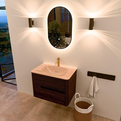 Mondiaz CIRO-DLUX Badkamermeubelset - 70x45x50cm - Solid surface wastafel Saba - 1 wasbak Midden - 1 kraangat - 2 lades - Walnut