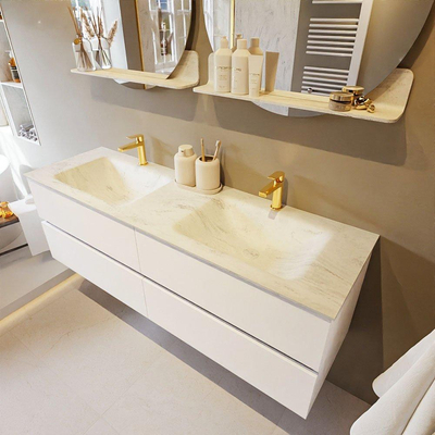 MONDIAZ VICA-DLUX Ensemble meuble de salle de bains - 150cm - sous-meuble Talc - 4 tiroirs - lavabo encastré Cloud double - 2 trous de robinet - version haute 60cm - Opalo