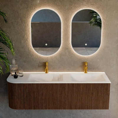 MONDIAZ KURVE 145cm Meuble salle de bain avec module 25 G - couleur Walnut - 1 tiroir - 1 porte - vasque CLOUD double / droite - 2 trous de robinet - Talc