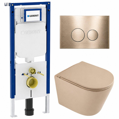 QeramiQ Dely Toiletset - 36.3x51.7cm - Geberit UP720 inbouwreservoir - rimless - diepspoel - zitting - softclose - bedieningsplaat geborsteld messing - ronde knoppen - mat beige