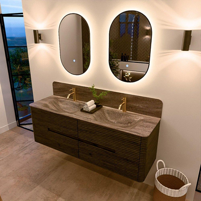 Mondiaz CIRO-DLUX Meuble de salle de bains - 150x45x50cm - Plan vasque en solid surface Oza - 2 vasques Double - 2 trous de robinetterie - 4 tiroirs - Shadow